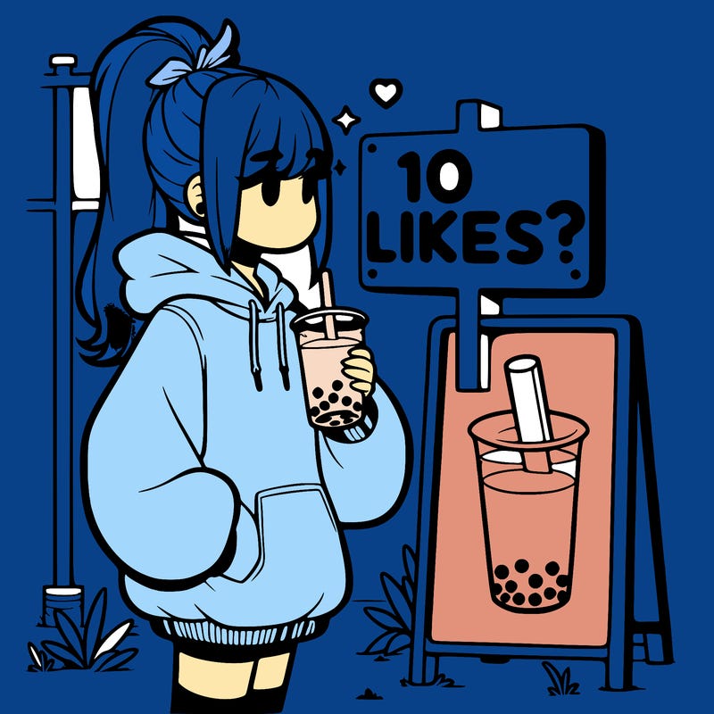 girl with oversized hoodie drinking boba and she has a high ponytail with a sign that says 10likes?