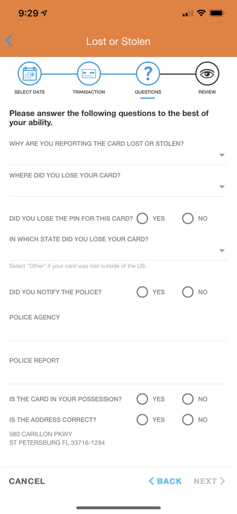 Formulaire de déclaration de carte perdue ou volée dans l'application mobile Glass City Card Controls.