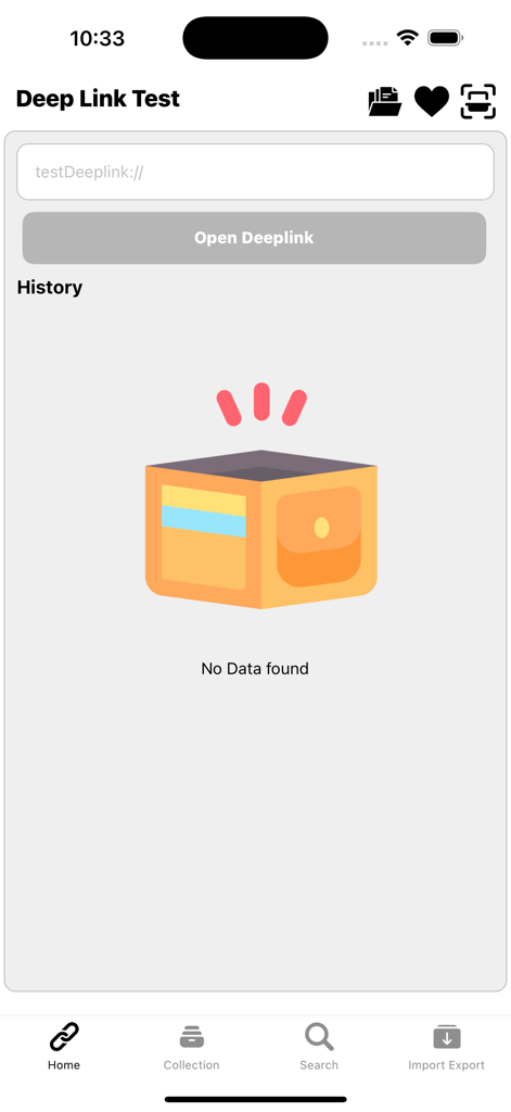 Interface of the Deeplink tester app showing a URL input field and an empty history section