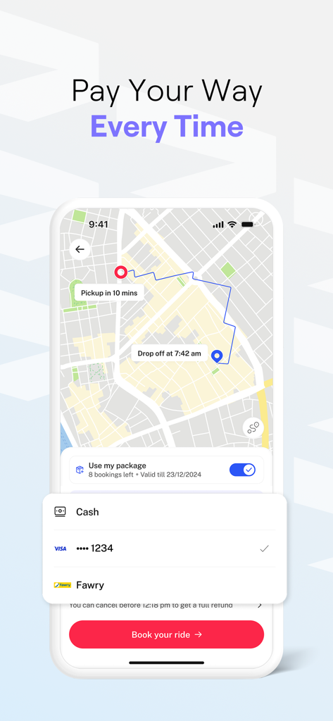 Swvl app screenshot showing ride booking map and payment options including cash and credit card