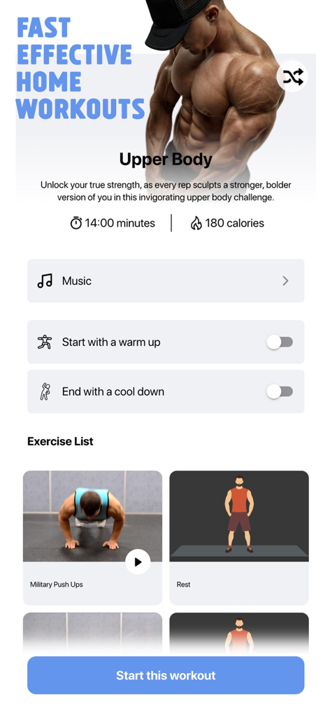 Home Workout: Fitness No Tools - Interface d'application mobile pour LifeBuddy montrant un plan d'entraînement du haut du corps comprenant la durée, les calories brûlées et une liste d'exercices avec des pompes militaires.