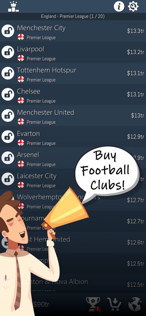Idle Football Tycoon - A list of English football clubs like Manchester City and Liverpool with their purchase prices in the Idle Football Tycoon game