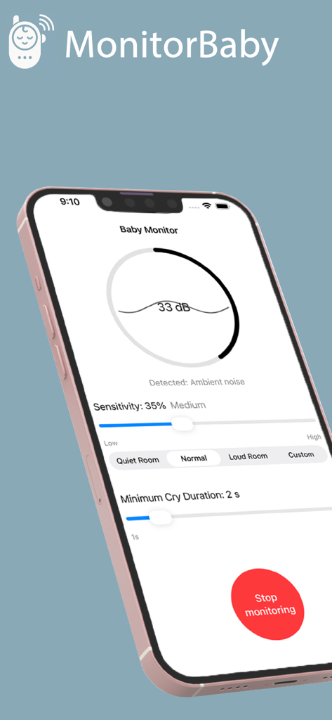 MonitorBaby - Interfaz de la aplicación MonitorBaby en iPhone mostrando niveles de decibelios en tiempo real y ajustes de sensibilidad de sonido