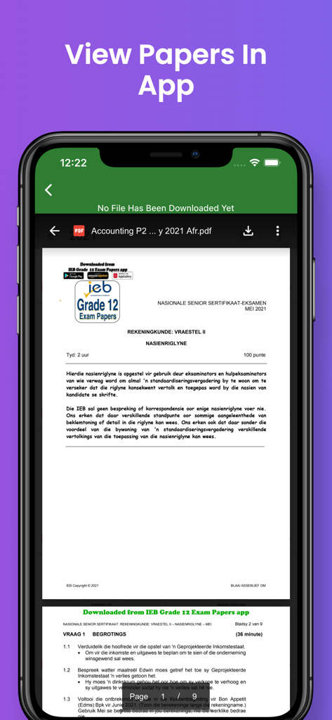 IEB Matric Exam Papers - A smartphone screen showing a Grade 12 Accounting exam paper PDF in the IEB Matric Exam Papers app