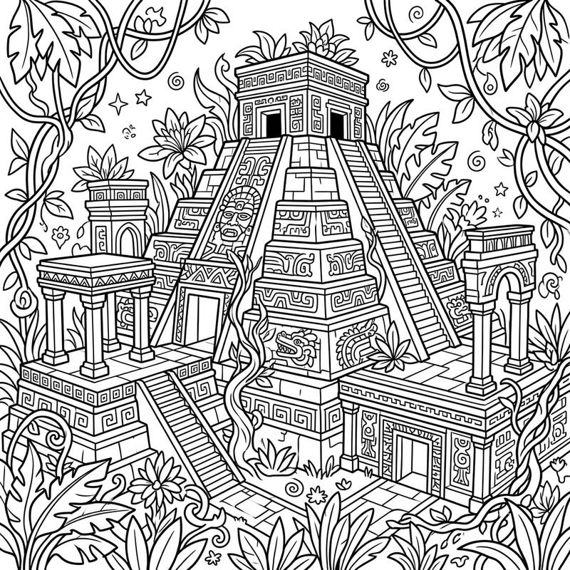 Embark on an exciting journey to ancient lands with this unique Mayan ruins coloring page, specially designed for kids. Explore intricate pyramids and overgrown jungle, all infused with a touch of mysterious gothic charm.