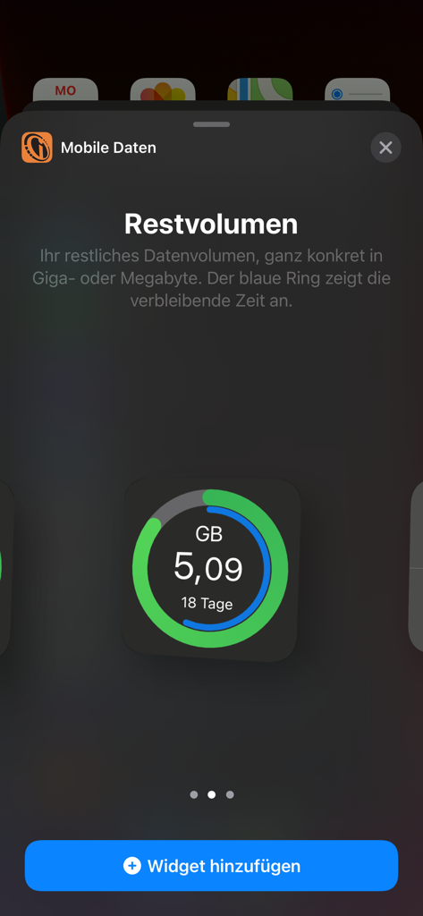 Preview of the mobile data widget showing remaining data in gigabytes and days left in the billing period