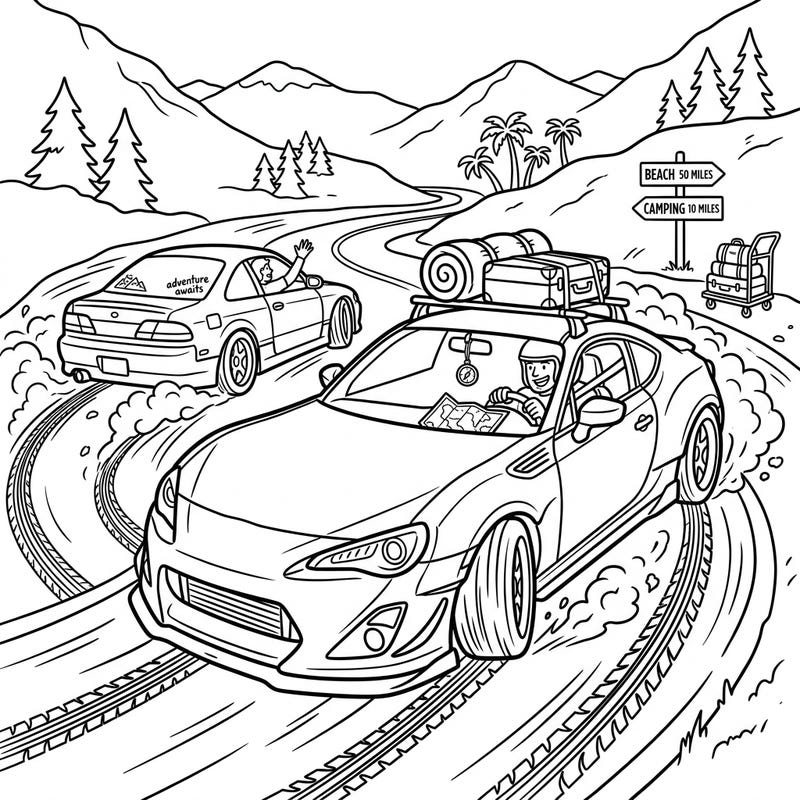 Experience the thrill of a high-speed road trip with this dynamic coloring page featuring drifting drivers on a scenic vacation. Perfect for car enthusiasts and adventure seekers, this intricate design captures the excitement of travel and controlled chaos.