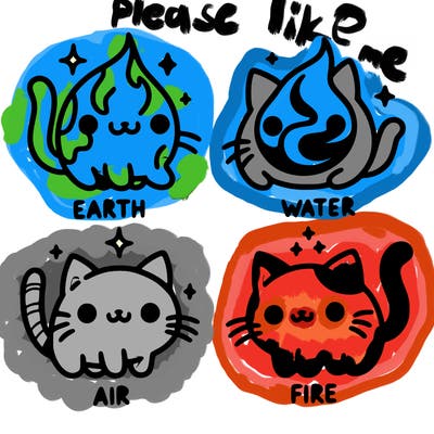 4 cats that represent the different elements, earth, water, air, and fire