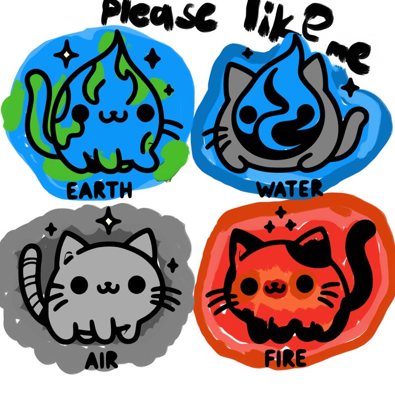 4 cats that represent the different elements, earth, water, air, and fire