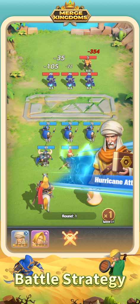 Merge Kingdoms - Juego de Merge Kingdoms mostrando unidades de héroes y ataques especiales en una batalla táctica