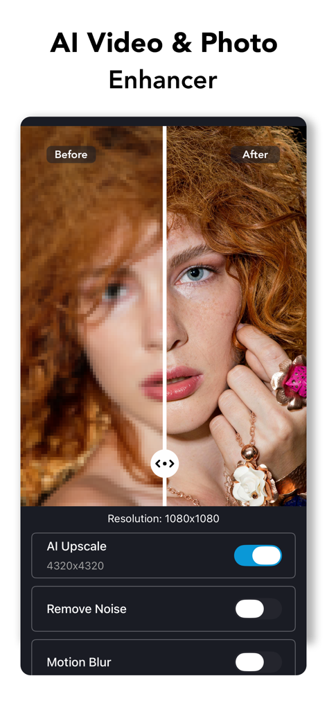 ClipIt - Video Maker & Editor - ClipIt-App-Oberfläche, die KI-Video- und Fotoverbesserungen mit einem Vorher-Nachher-Vergleich der Bildqualität eines Porträts zeigt.
