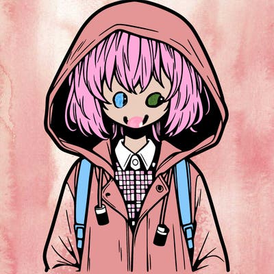 little anime girl in a raincoat her hair is covering her eyes she has a lighter