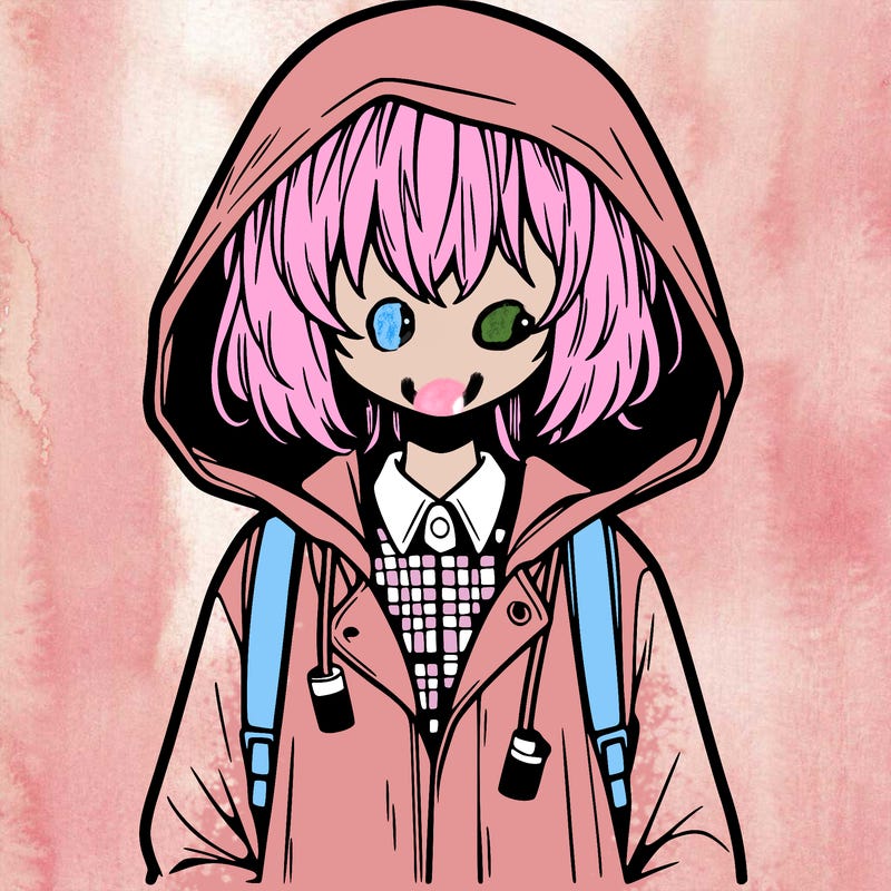 little anime girl in a raincoat her hair is covering her eyes she has a lighter
