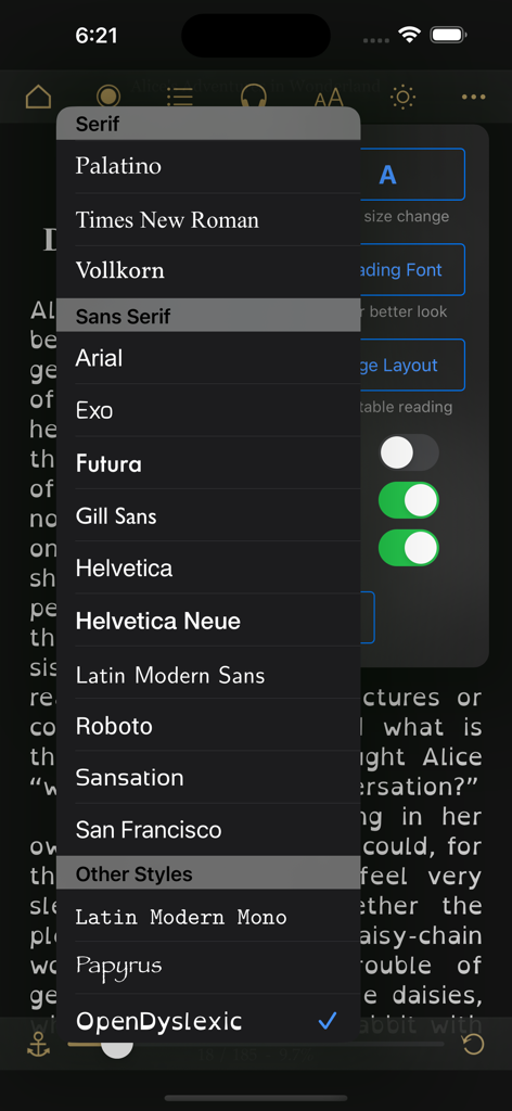 MapleRead CX - Font selection menu in MapleRead CX showing various serif and sans serif options