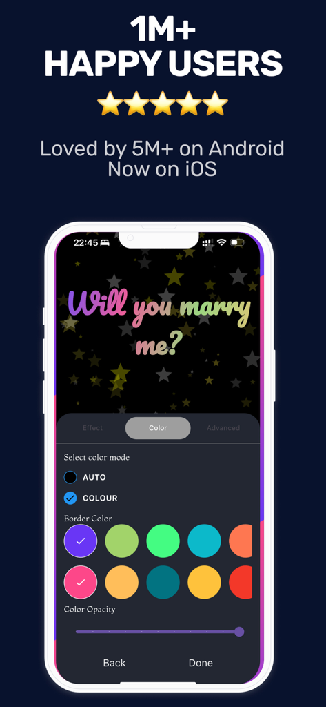 Captura de pantalla de la aplicación Edge Lighting en iPhone mostrando la selección de color personalizada para las luces de borde y un fondo de pantalla estrellado.