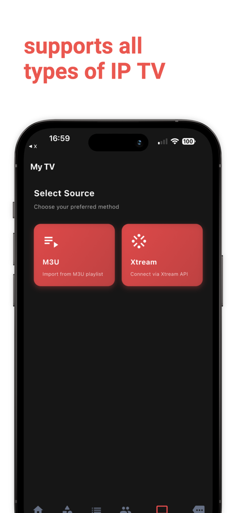 Une interface mobile pour sélectionner les sources IPTV avec des options d'importation de playlist M3U et de connexion à l'API Xtream.