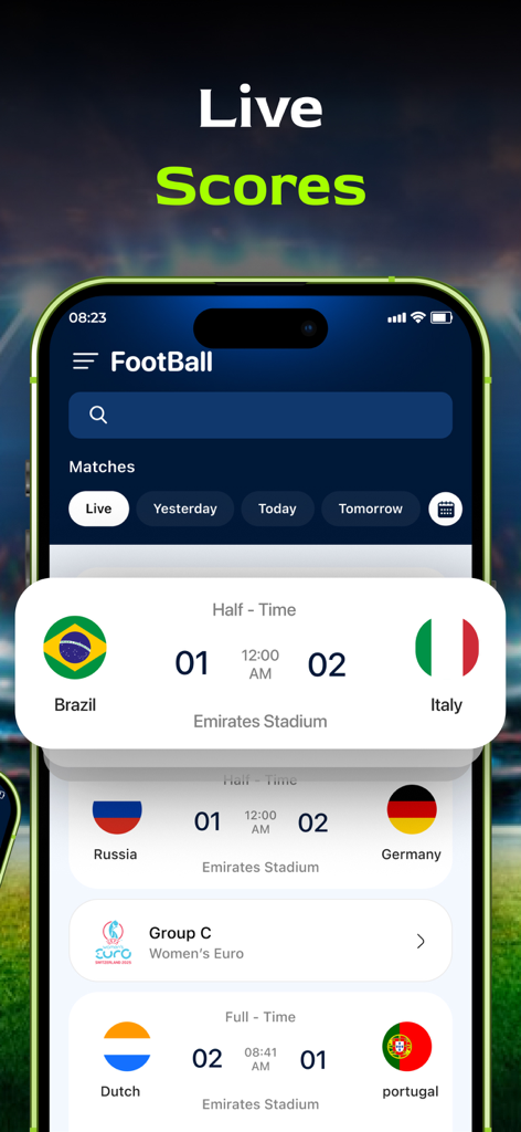 Live Football Score: Soccer TV - Screenshot of the Live Football Score app showing live match results for Brazil vs Italy and other international games.