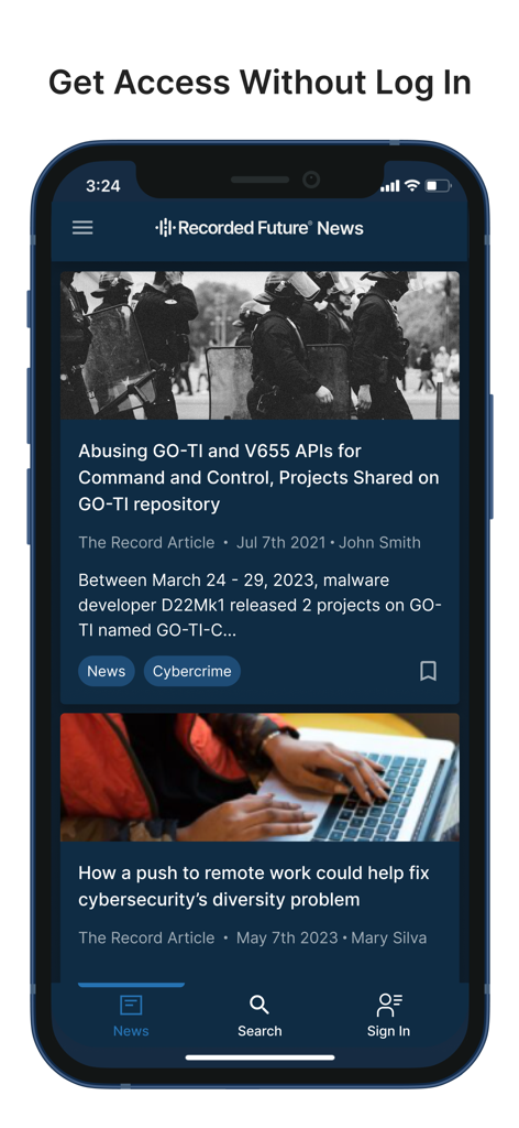 Recorded Future - Ein Screenshot des Recorded Future mobilen News-Feeds, der Cybersicherheit-Artikel und Bedrohungsintelligenz-Updates ohne Login anzeigt.