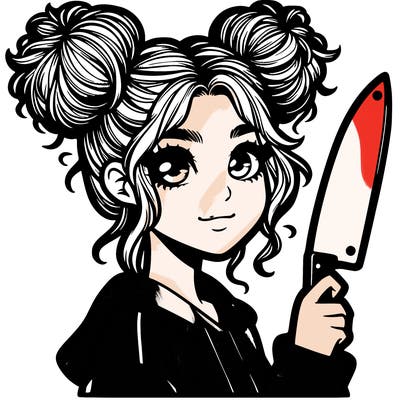 girl with messy buns holding a sharp plastic knife realistic