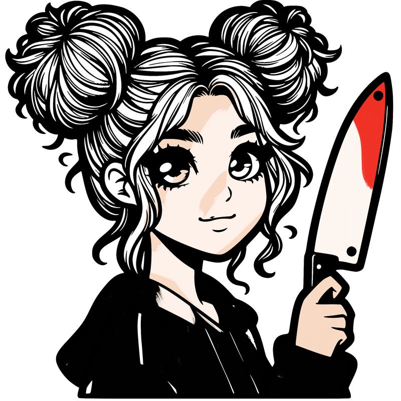 girl with messy buns holding a sharp plastic knife realistic