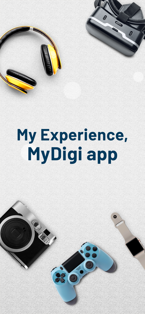 MyDigi Mobile App - MyDigi 앱 프로모션 이미지, VR 헤드셋, 게임 컨트롤러, 헤드폰 등 라이프스타일 가젯을 특징으로 함