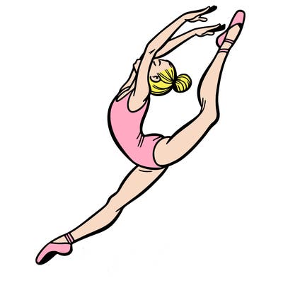 gymnast doing a leap in a leotard with a bent back leg