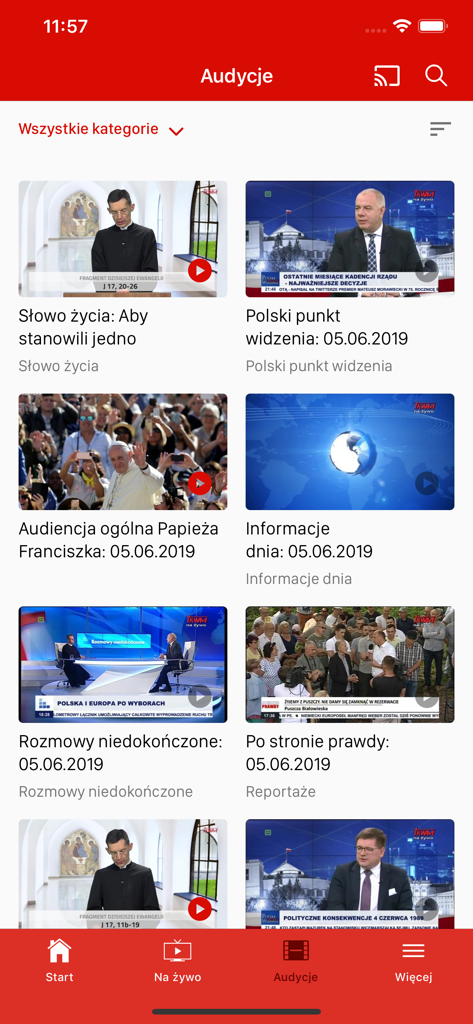 Interface of Trwam TV app displaying a grid of religious and news video programs