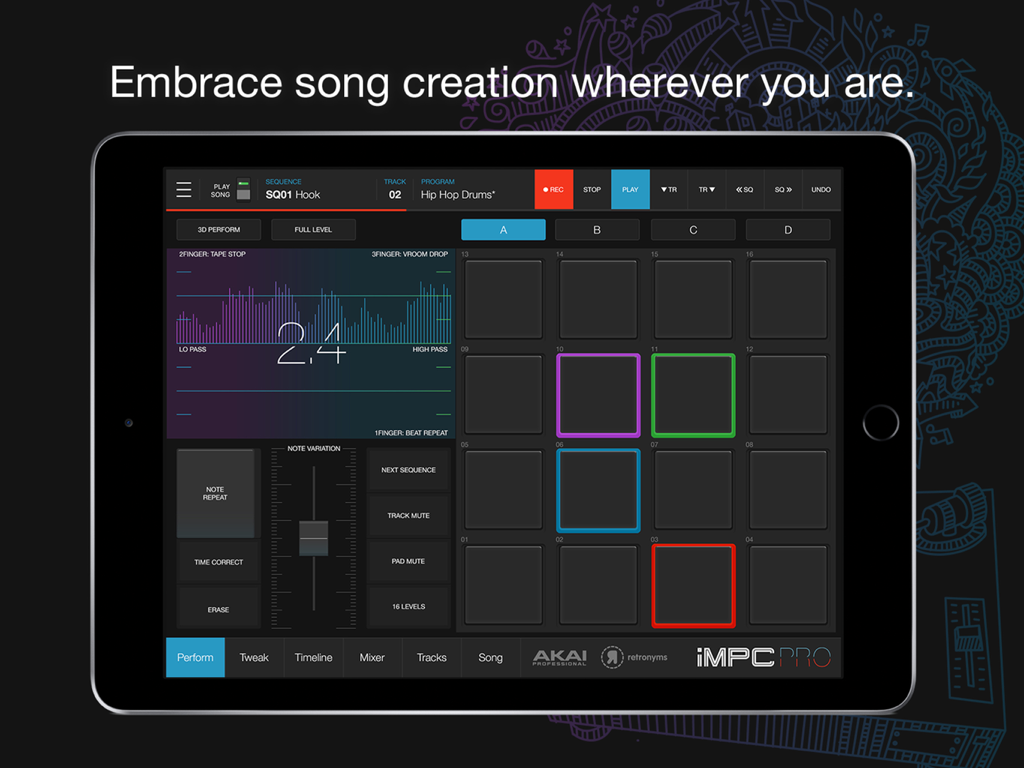 iMPC Pro 2 Musikproduktions-Interface auf dem iPad mit 16 Pads und Performance-Bedienelementen