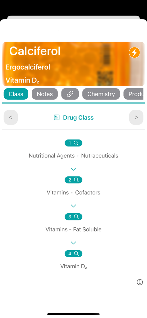 Pharmacodex - Clasificación farmacológica de Calciferol en la aplicación Pharmacodex que muestra la jerarquía de medicamentos