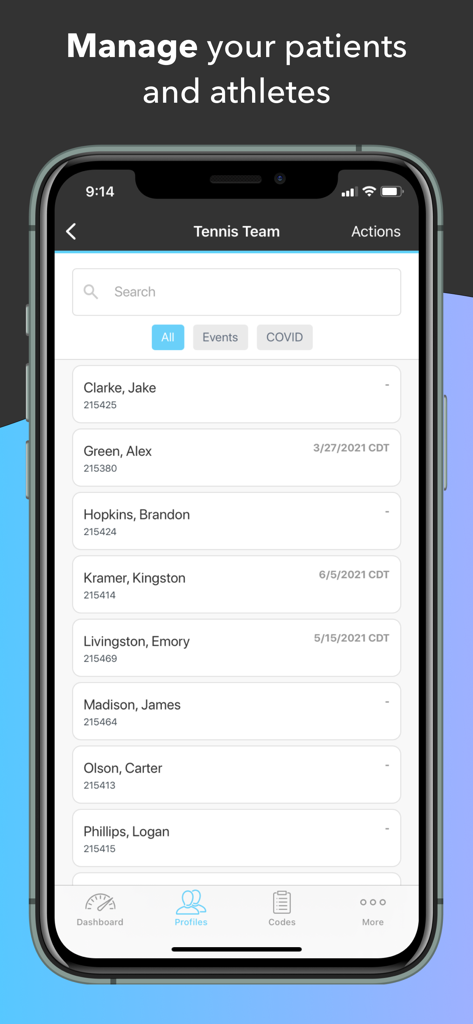 Sway Medical app interface showing a list of athlete profiles for a tennis team to manage patient records
