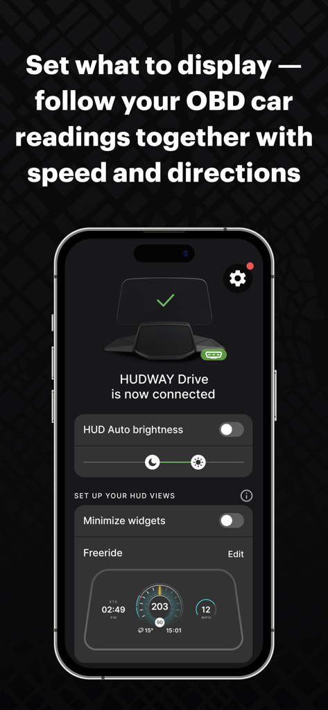 HUDWAY Drive: HUD for any car - HUDWAY Drive app interface showing OBD car readings and display settings on a smartphone.