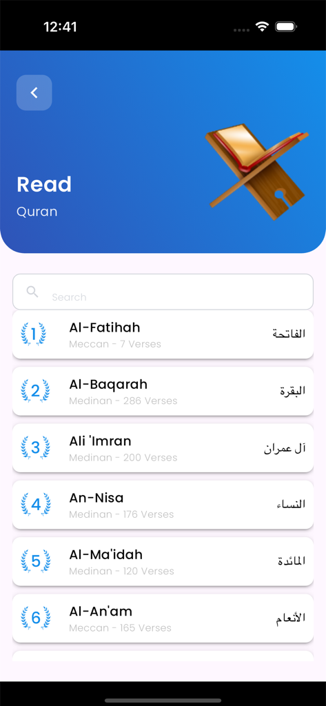 Live Mosque - Screenshot of the Quran reading section in the Live Mosque app showing a list of Surahs with verse counts