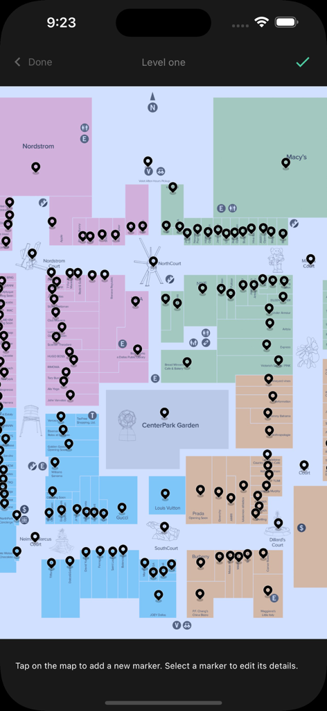 Map-in - A mall floor plan on the Map-in app showing stores and location markers
