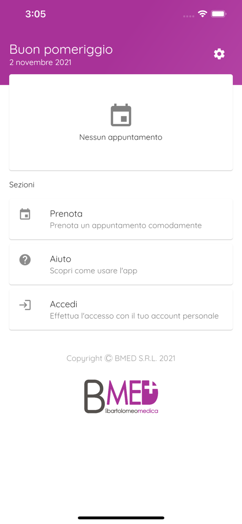 BMED - The home screen of the BMED medical app displaying options for booking appointments and account access.