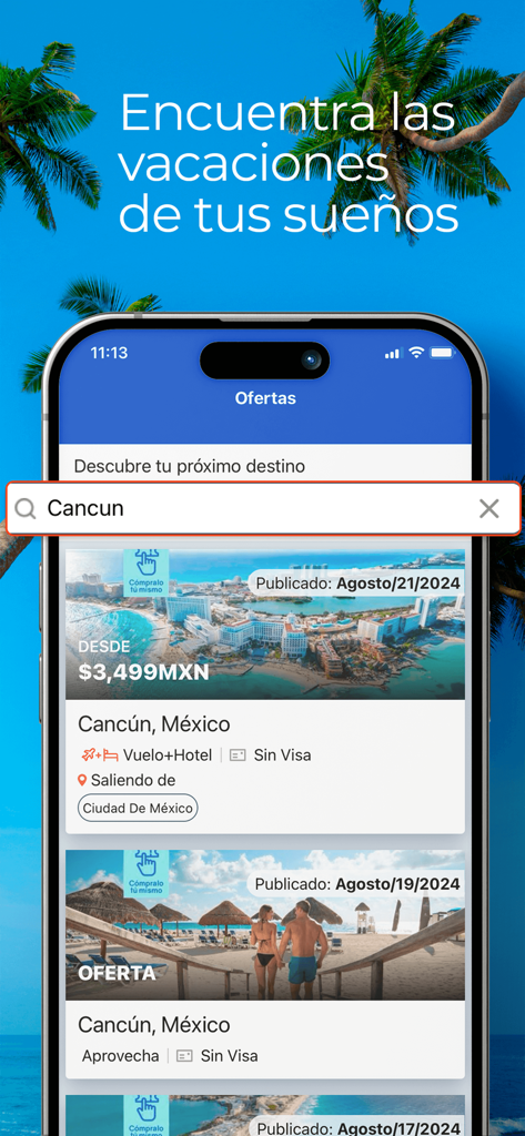 Pantalla de búsqueda de la aplicación Gurú de Viaje mostrando ofertas de vacaciones para Cancún, México, con un fondo de playa tropical