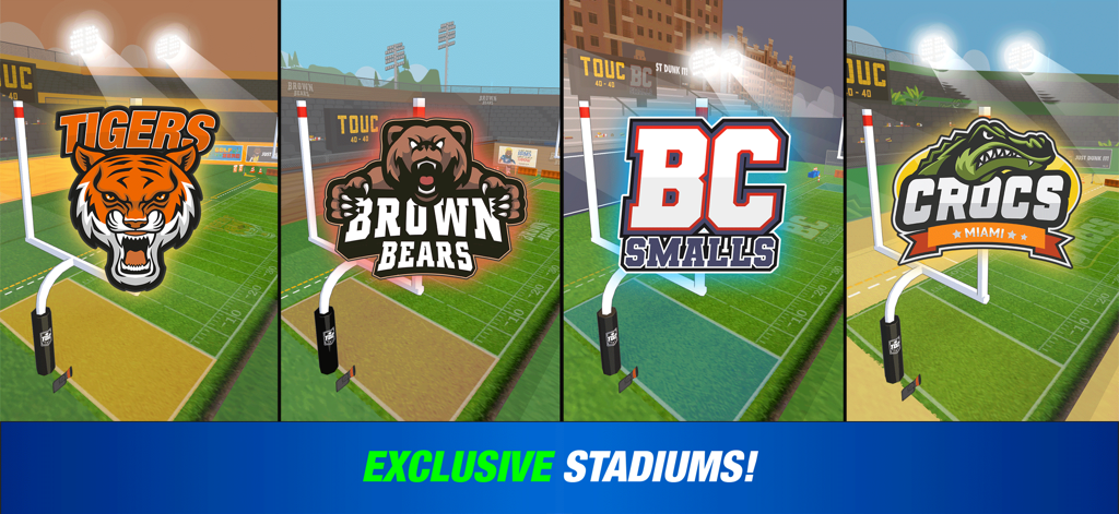 Touchdowners 2 - Mad Football - Four different football team logos including Tigers Brown Bears BC Smalls and Crocs Miami shown over different game stadiums