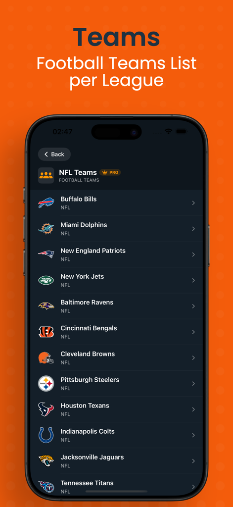 The Dofu - Live Sports Scores - Una lista de equipos de la NFL, incluidos los Buffalo Bills y los Miami Dolphins, en la interfaz de la aplicación The Dofu.