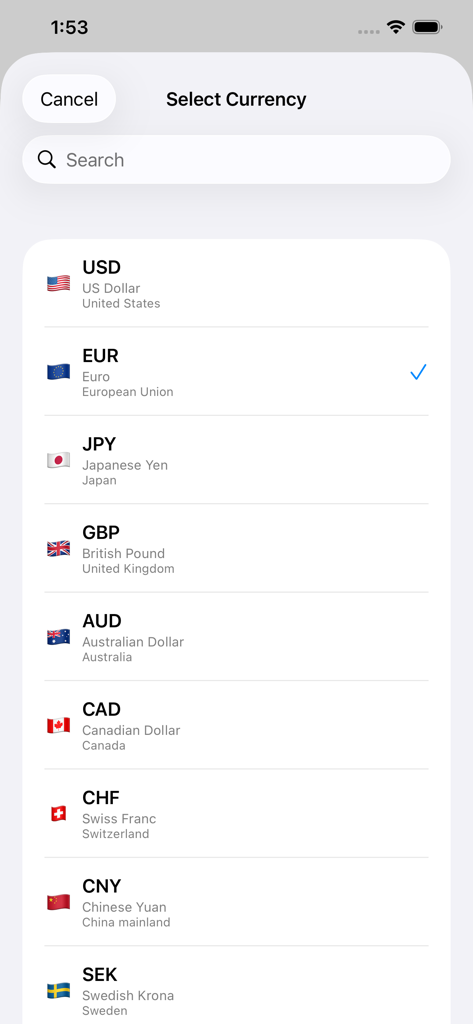 Basic Currency Converter - Currency selection screen showing a list of global currencies and flags