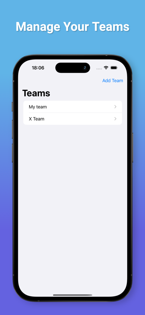 Interface do aplicativo Line Up Your Team mostrando uma lista de equipes esportivas gerenciadas com uma opção para adicionar novas equipes