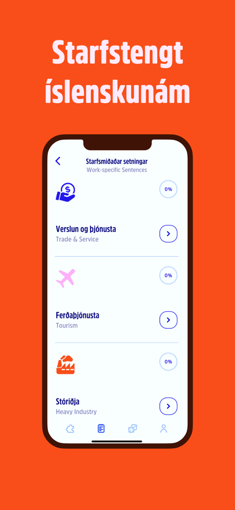 Bara tala - Interface of the Bara tala app showing work-specific Icelandic language learning categories for trade, tourism, and industry