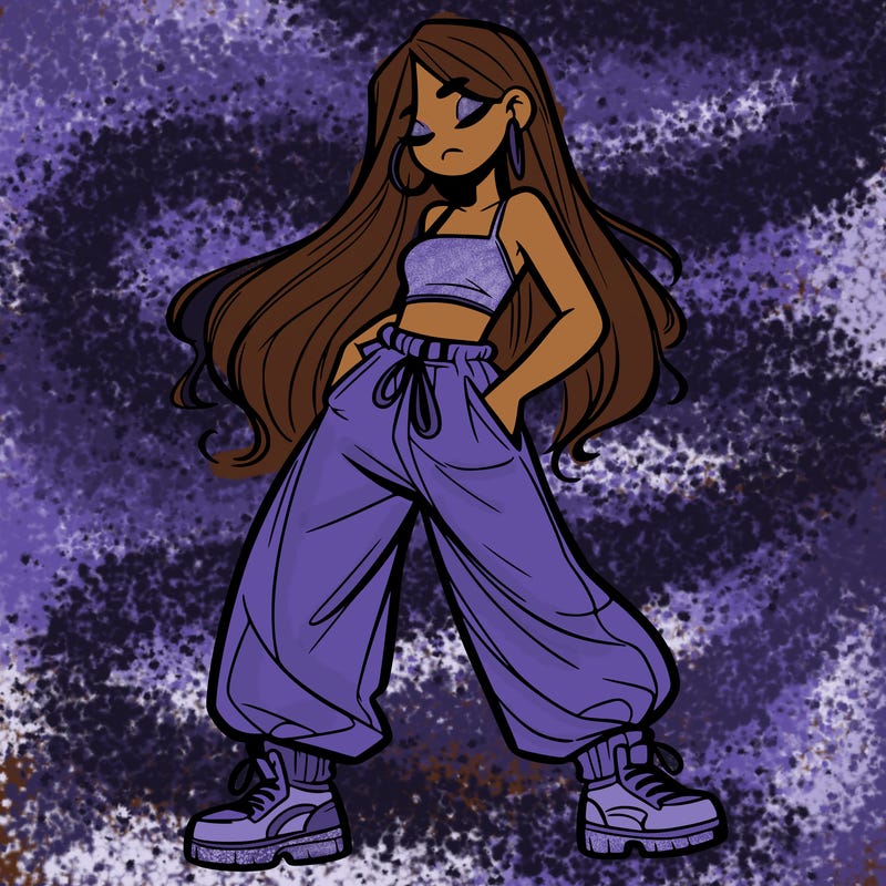 girl in baggy pants crop top and long hair