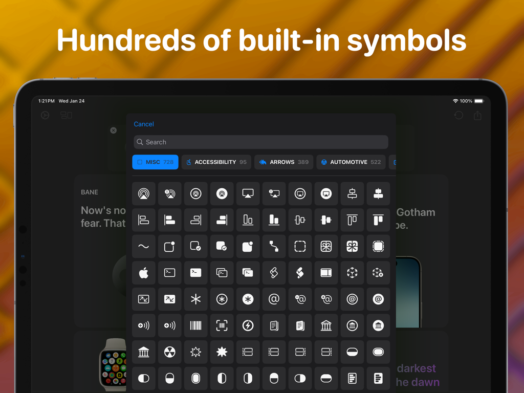 Bento|Craft Creative Workspace - iPad interface showing a library of hundreds of built-in UI symbols within the Bento Craft app.
