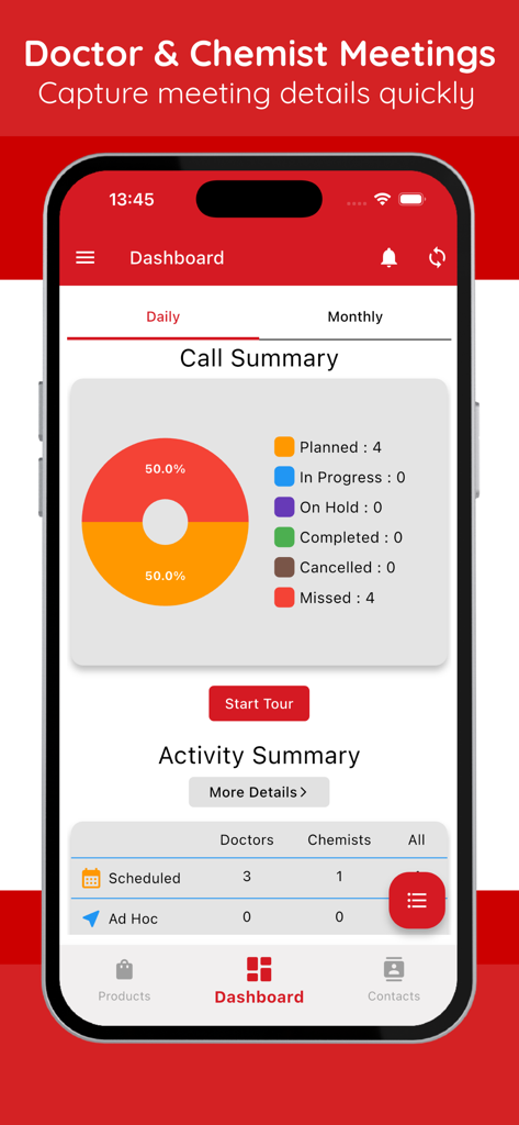 vantage MRIS - Vantage MRIS app dashboard showing meeting activity and call summary for pharmaceutical sales representatives