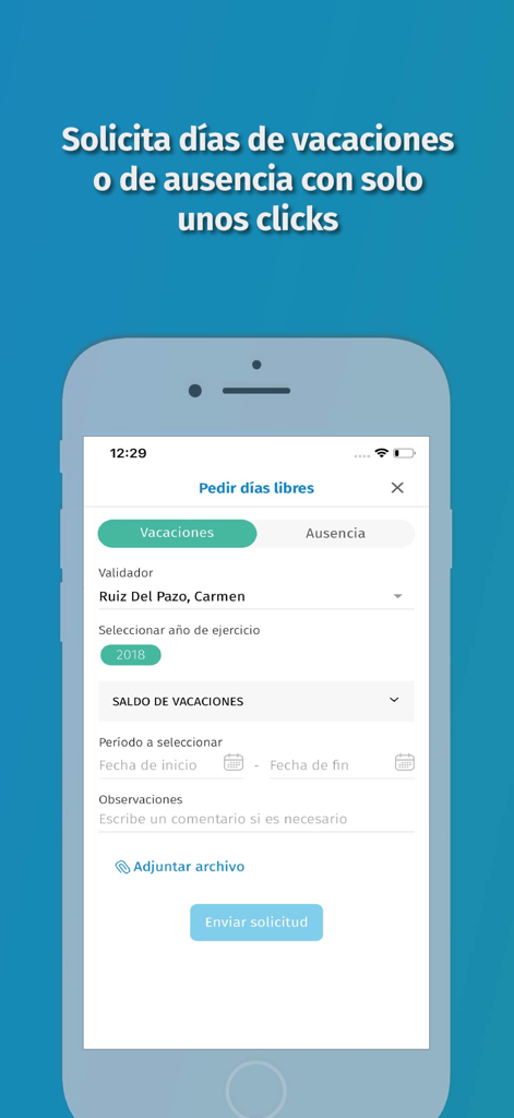 Portal Empleado - Pantalla móvil de la aplicación Portal Empleado mostrando el formulario para solicitar días de vacaciones o ausencias