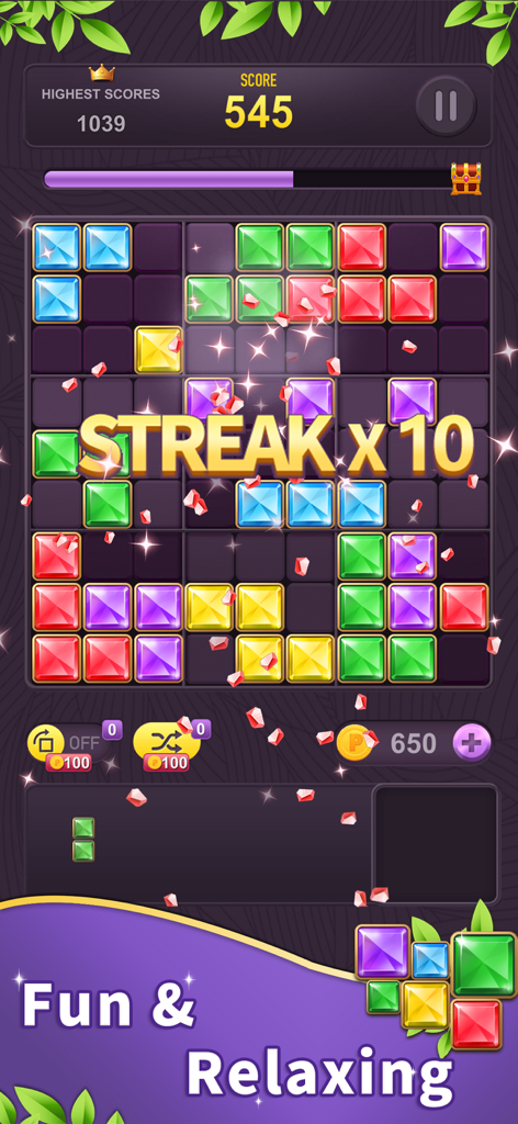 Block Puzzle - Fun Games - A colorful jewel block puzzle game showing a streak multiplier on a grid