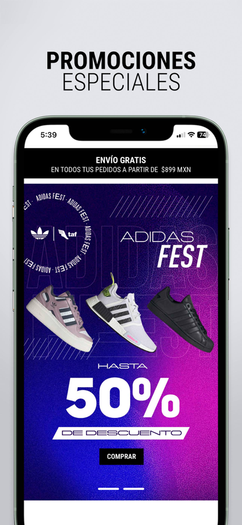 TAF México: Sneakers y más - TAF Mexico app displaying Adidas Fest special promotion with fifty percent discount on sneakers