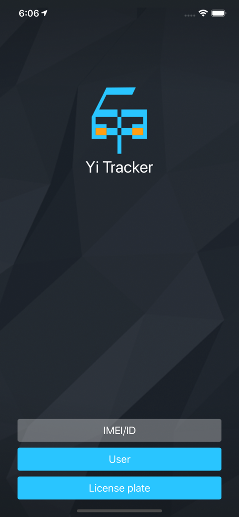 Yi Tracker2 login selection screen with options for IMEI ID, User, or License plate