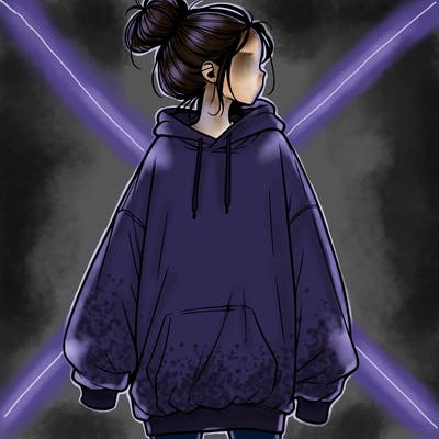 realistic girl with a oversized sweatshirt on and a bun