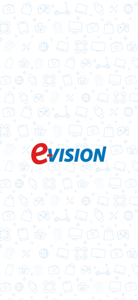 Logotipo de la aplicación de compras E Vision sobre un fondo blanco con iconos tenues de compras y tecnología.