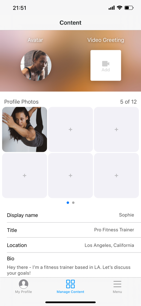 Alua Creators - Alua Creators app interface showing the profile management and content upload screen for a fitness influencer